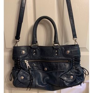 DKNY Dana Distressed Leather Navy Blue Satchel Fringe & Laced Up Sides Detailing